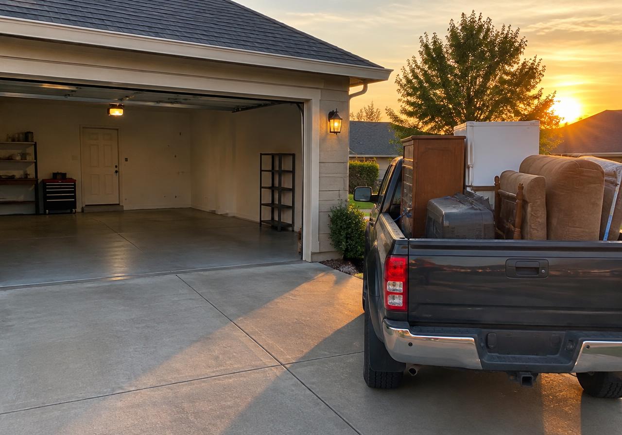 Truck loaded with junk outside a cleaned-out garage